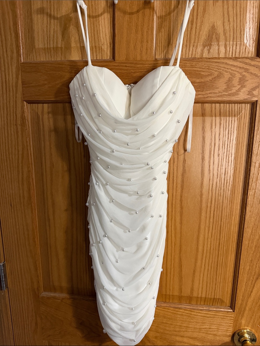 Pearl-Embellished White Spaghetti-Strap Dress